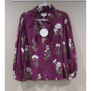 NWT Umgee Boho Button Blouse Women Lg Purple Floral Ruffle MSRP 59.00